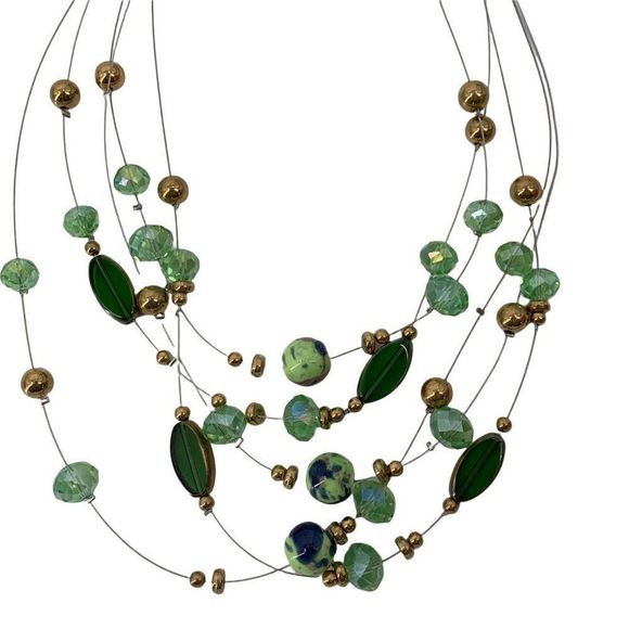 Women’s Lot Glass Bead Necklace Earring Set Green 0350 Layered Tiered 20" - Picture 1 of 11